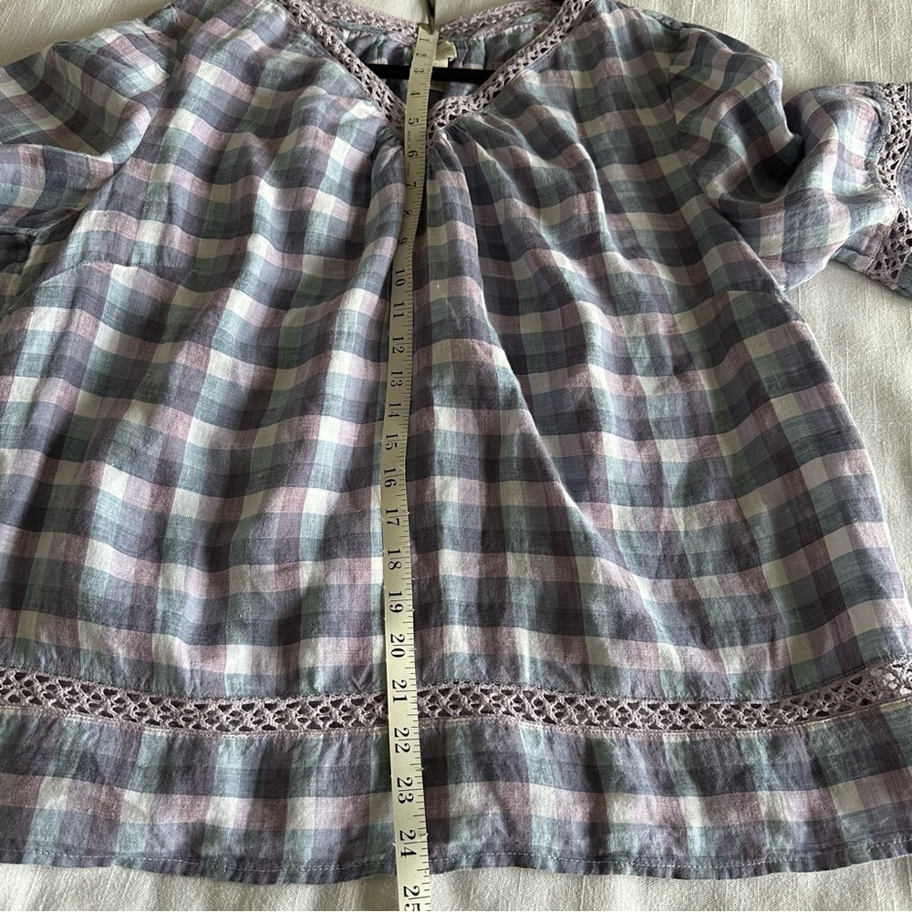 Chico’s Size 3 Crochet-Detail Gingham Linen Popover Top Purple Boho Peasant - Picture 6 of 13
